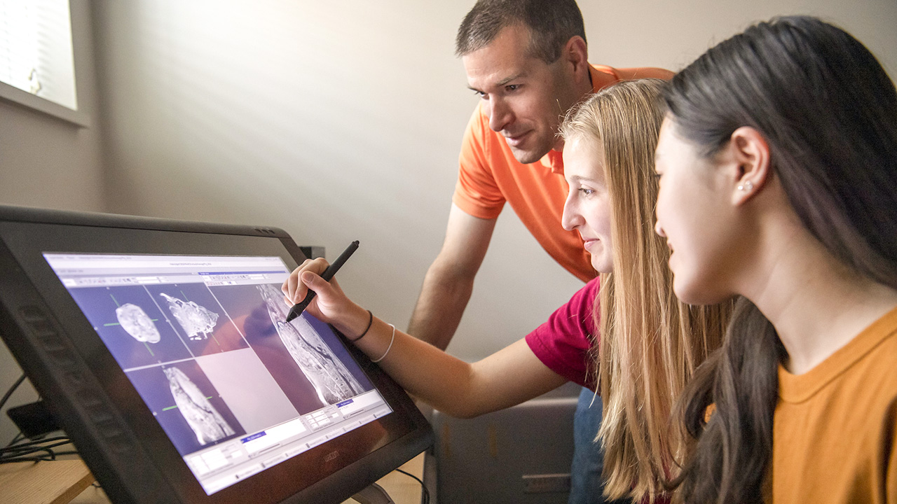 Students and professor working on digital imaging of animals on a computer.