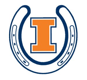 Navy horse shoe with orange Block I in the middle