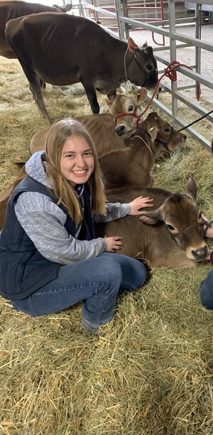 girl posed with dairy cattle